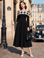 Vintage Plaid Off Shoulder Swing Midi Dress
