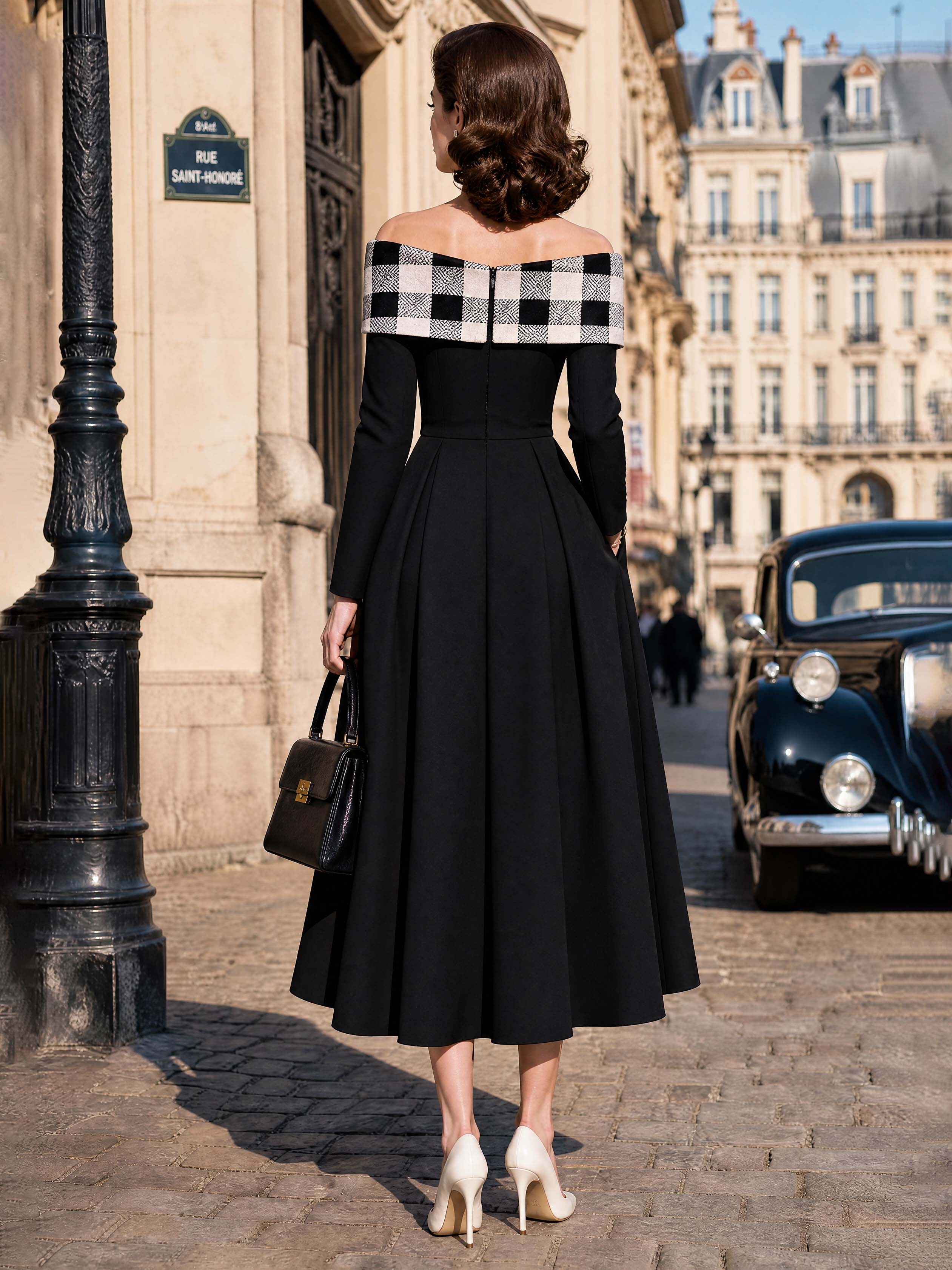 Vintage Plaid Off Shoulder Swing Midi Dress