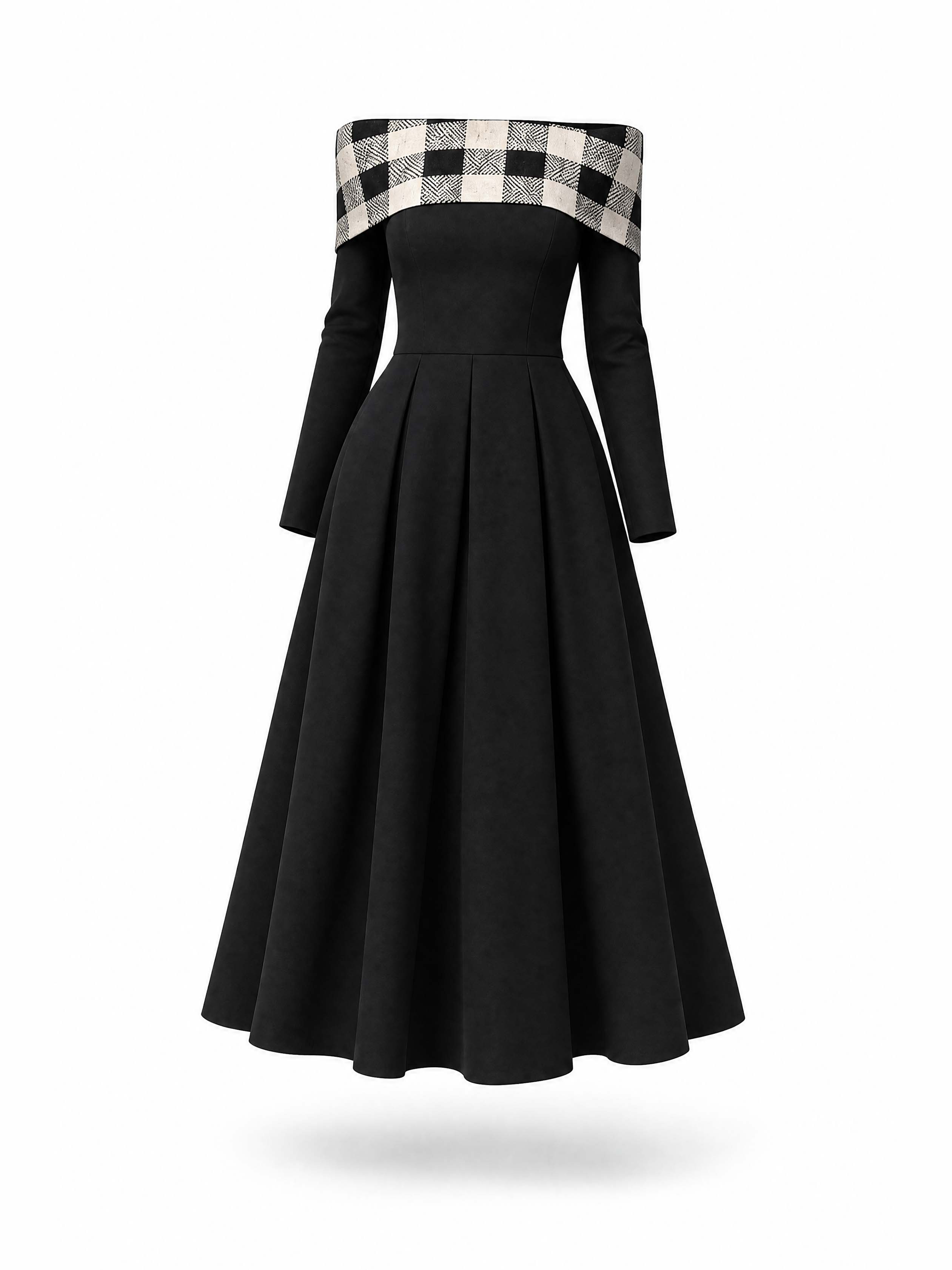 Vintage Plaid Off Shoulder Swing Midi Dress