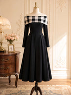 Vintage Plaid Off Shoulder Swing Midi Dress