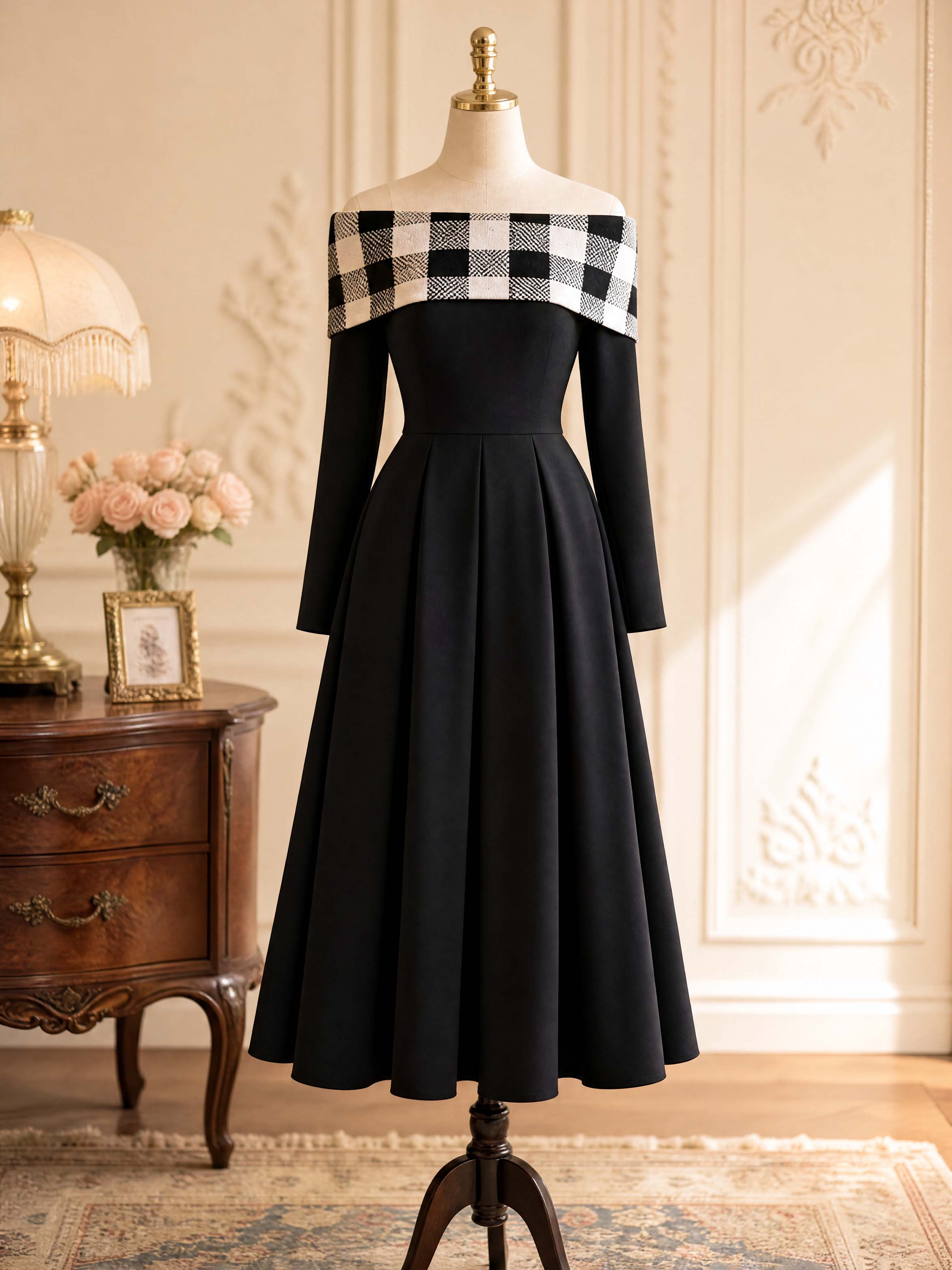 Vintage Plaid Off Shoulder Swing Midi Dress