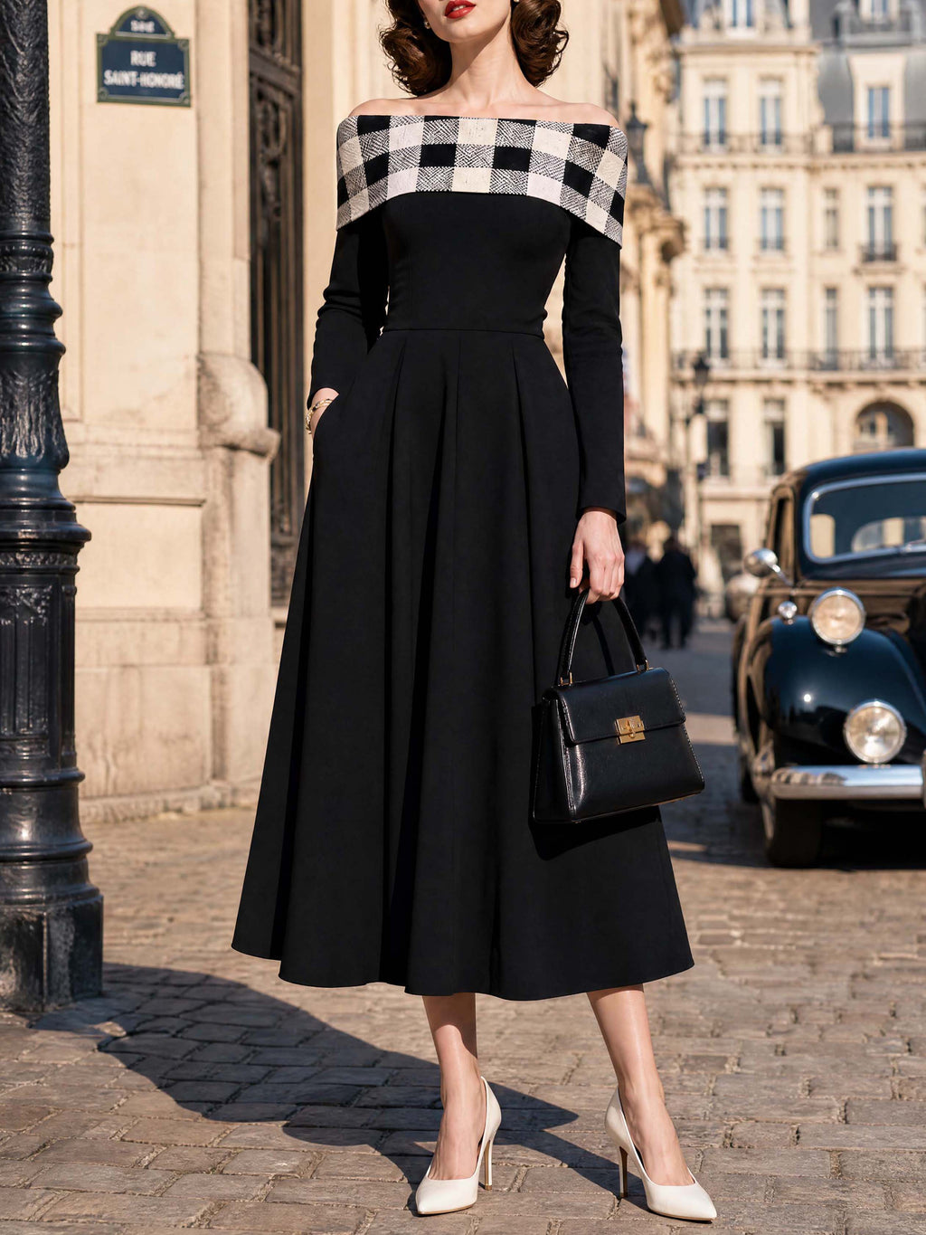 Vintage Plaid Off Shoulder Swing Midi Dress