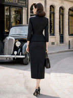 Retro Black Lapel Blazer Midi Skirt Set