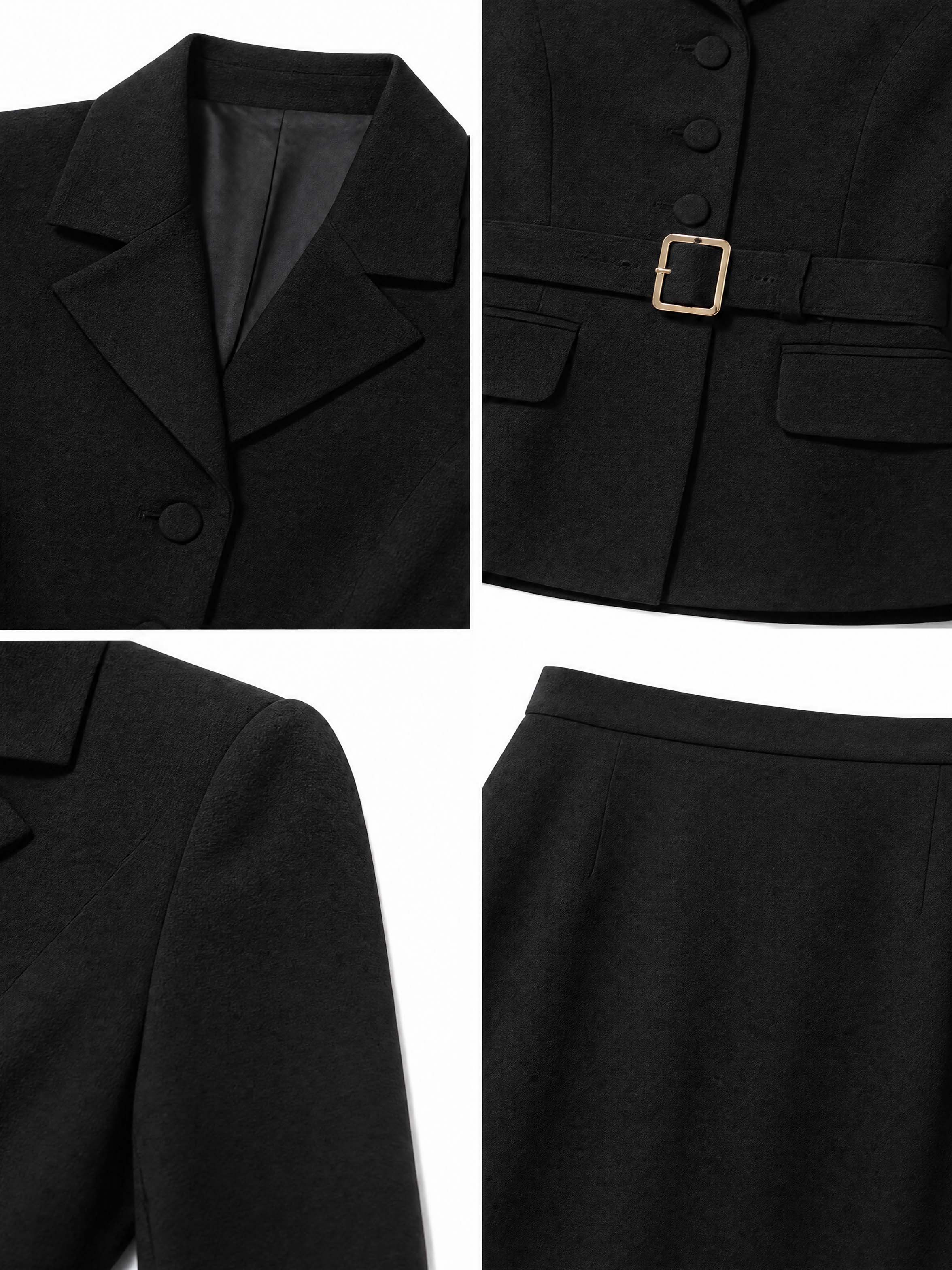 Retro Black Lapel Blazer Midi Skirt Set