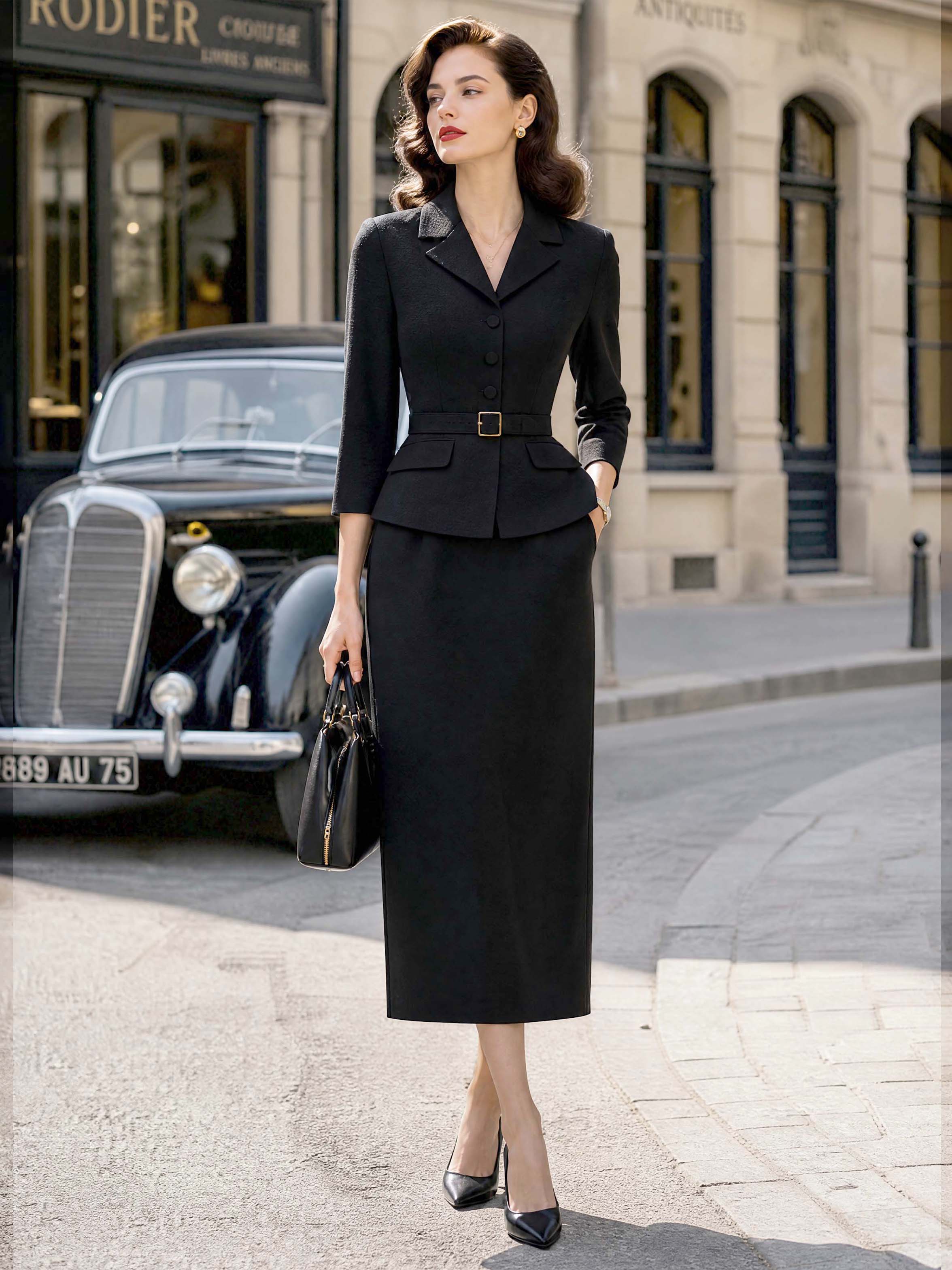 Retro Black Lapel Blazer Midi Skirt Set