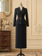 Retro Black Lapel Blazer Midi Skirt Set