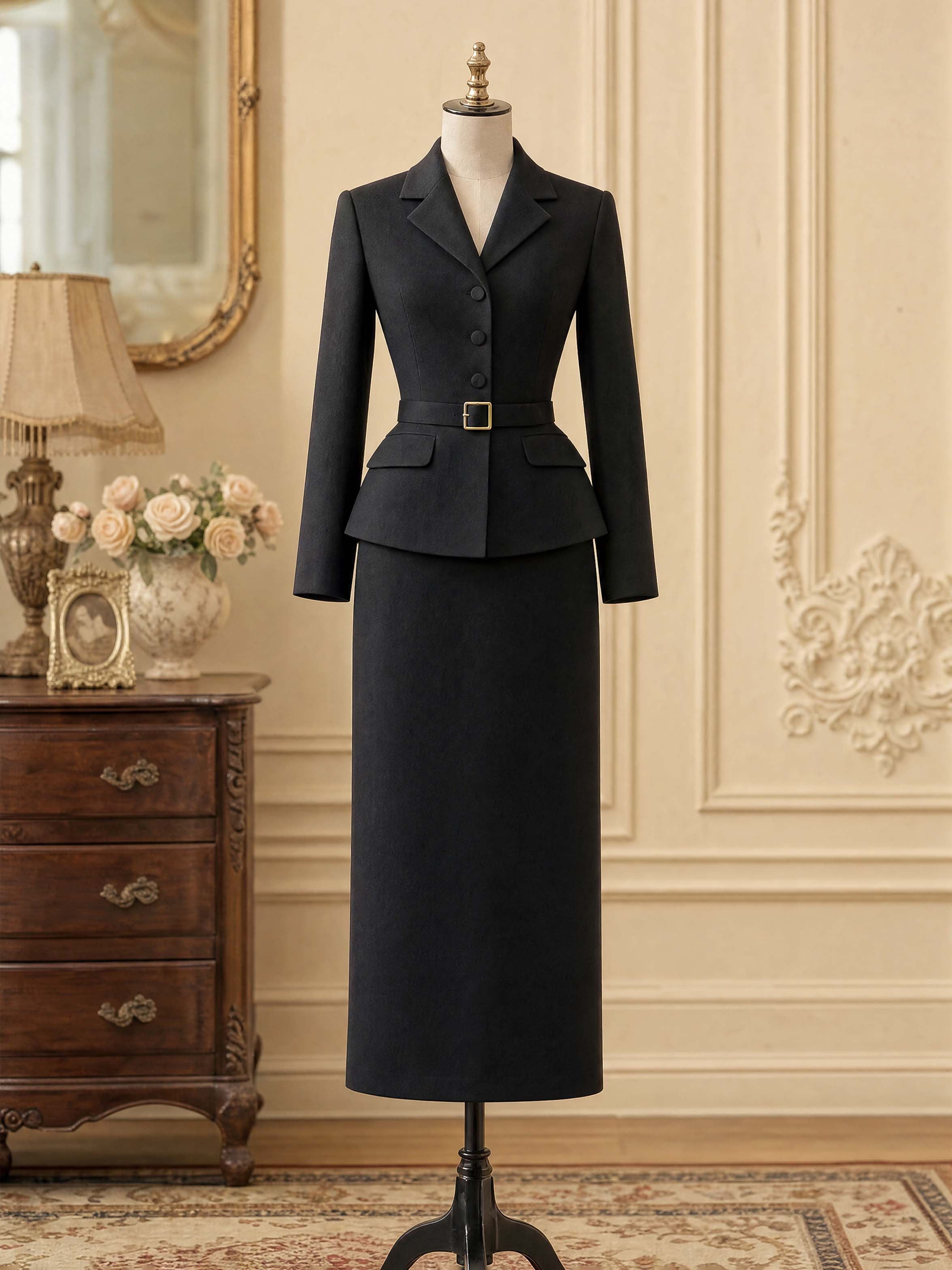 Retro Black Lapel Blazer Midi Skirt Set