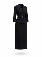 Retro Black Lapel Blazer Midi Skirt Set