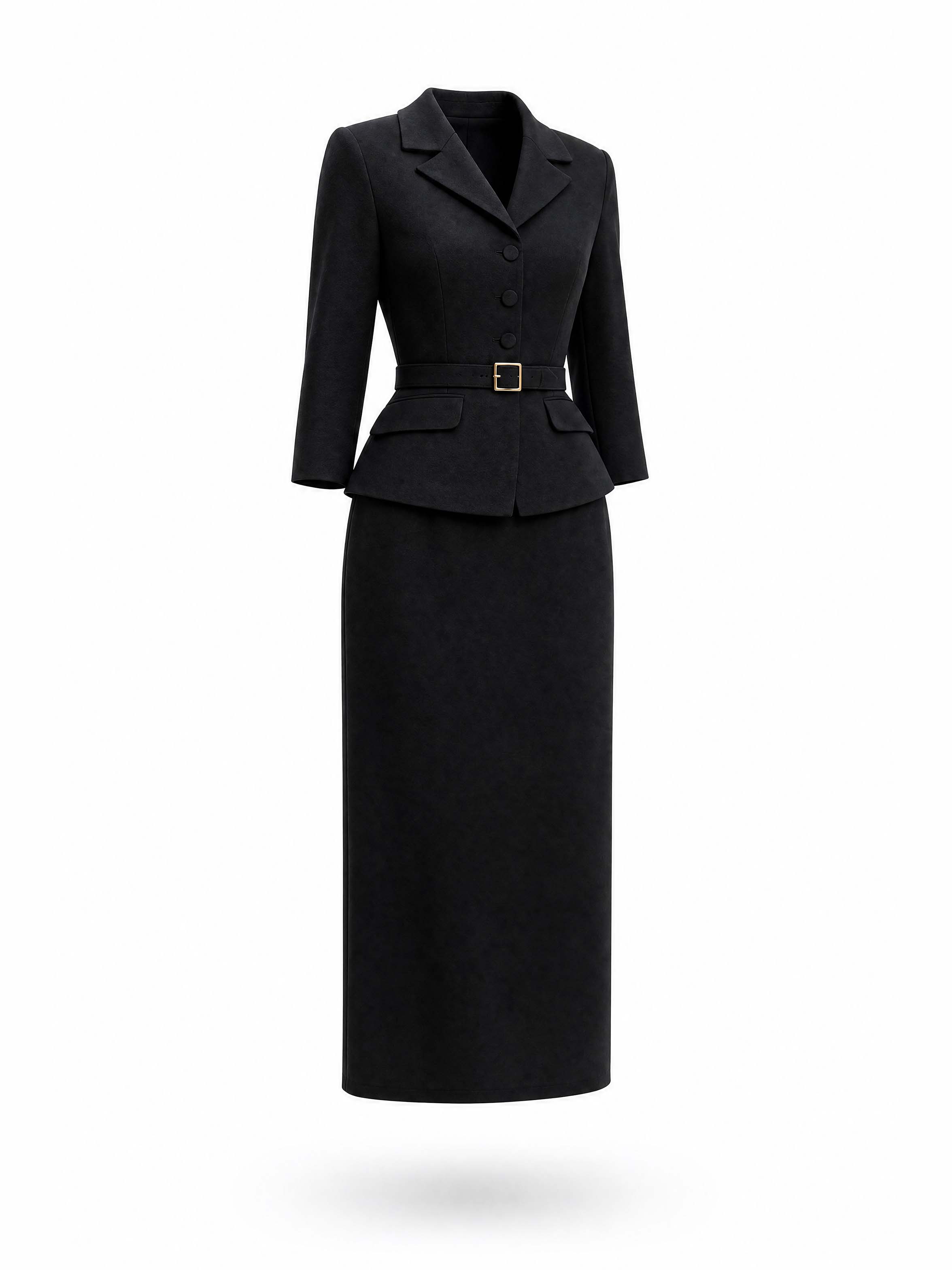 Retro Black Lapel Blazer Midi Skirt Set
