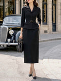 Retro Black Lapel Blazer Midi Skirt Set