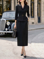Retro Black Lapel Blazer Midi Skirt Set