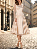 Vintage Champagne Satin Lace Long Sleeve Swing Midi Dress