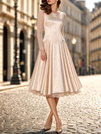 Vintage Champagne Satin Lace Long Sleeve Swing Midi Dress