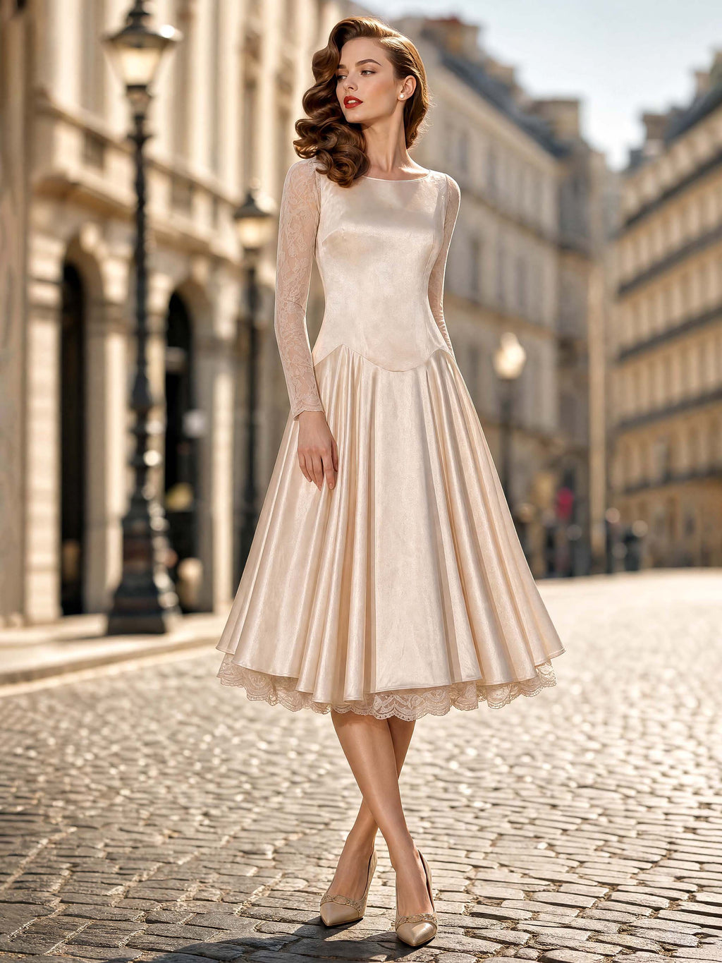 Vintage Champagne Satin Lace Long Sleeve Swing Midi Dress
