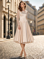 Vintage Champagne Satin Lace Long Sleeve Swing Midi Dress