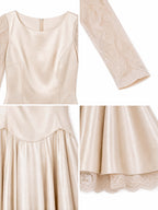 Vintage Champagne Satin Lace Long Sleeve Swing Midi Dress