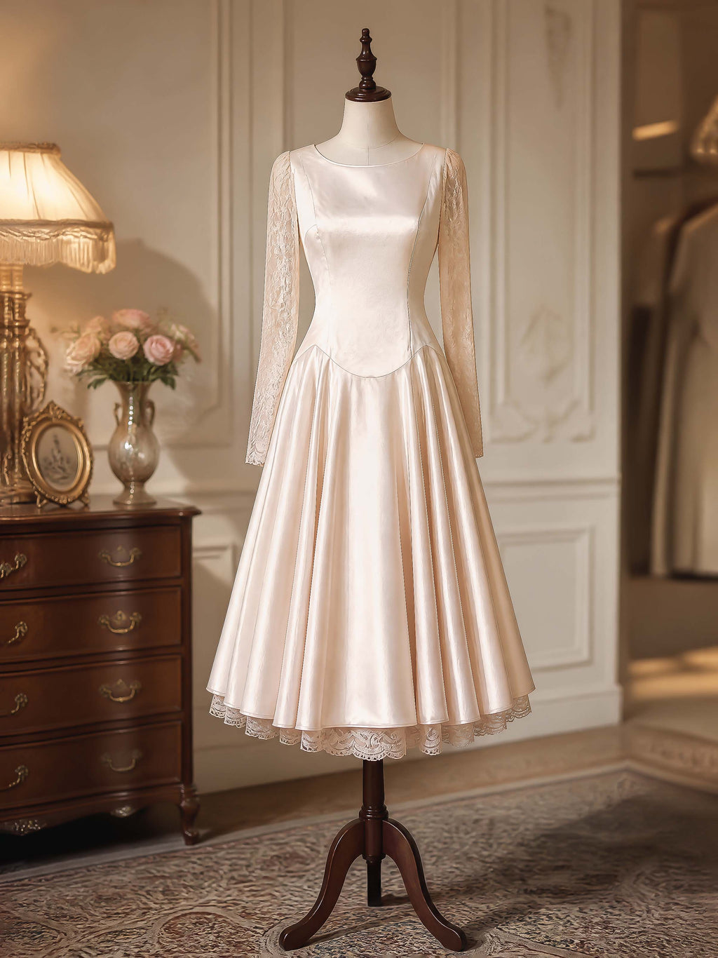 Vintage Champagne Satin Lace Long Sleeve Swing Midi Dress