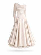 Vintage Champagne Satin Lace Long Sleeve Swing Midi Dress