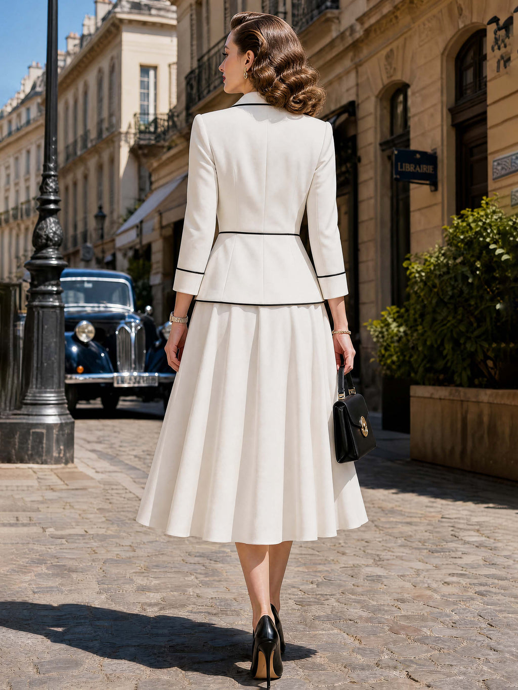 Vintage French Lapel Tie Waist Swing Skirt Set