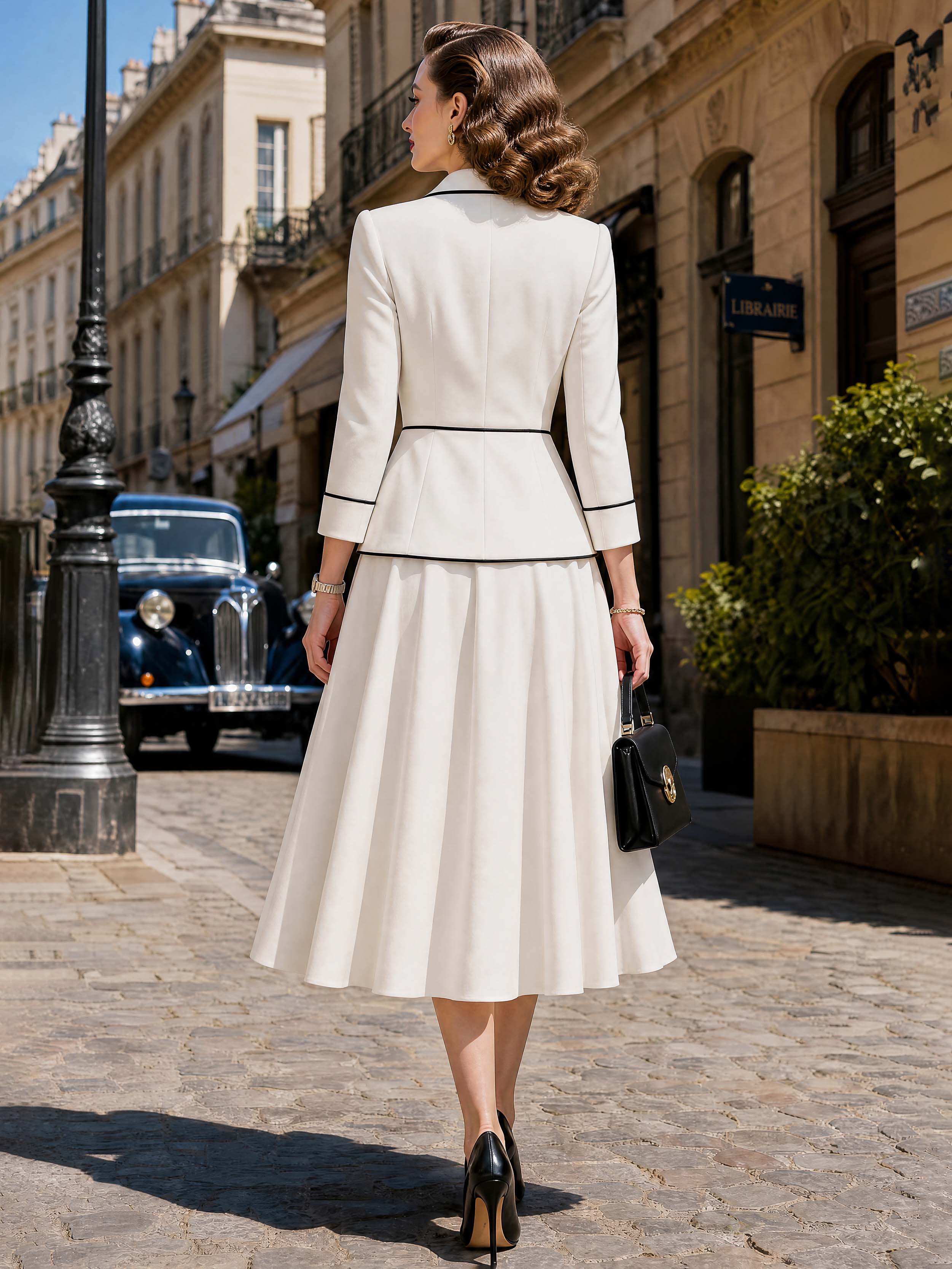 Vintage French Lapel Tie Waist Swing Skirt Set