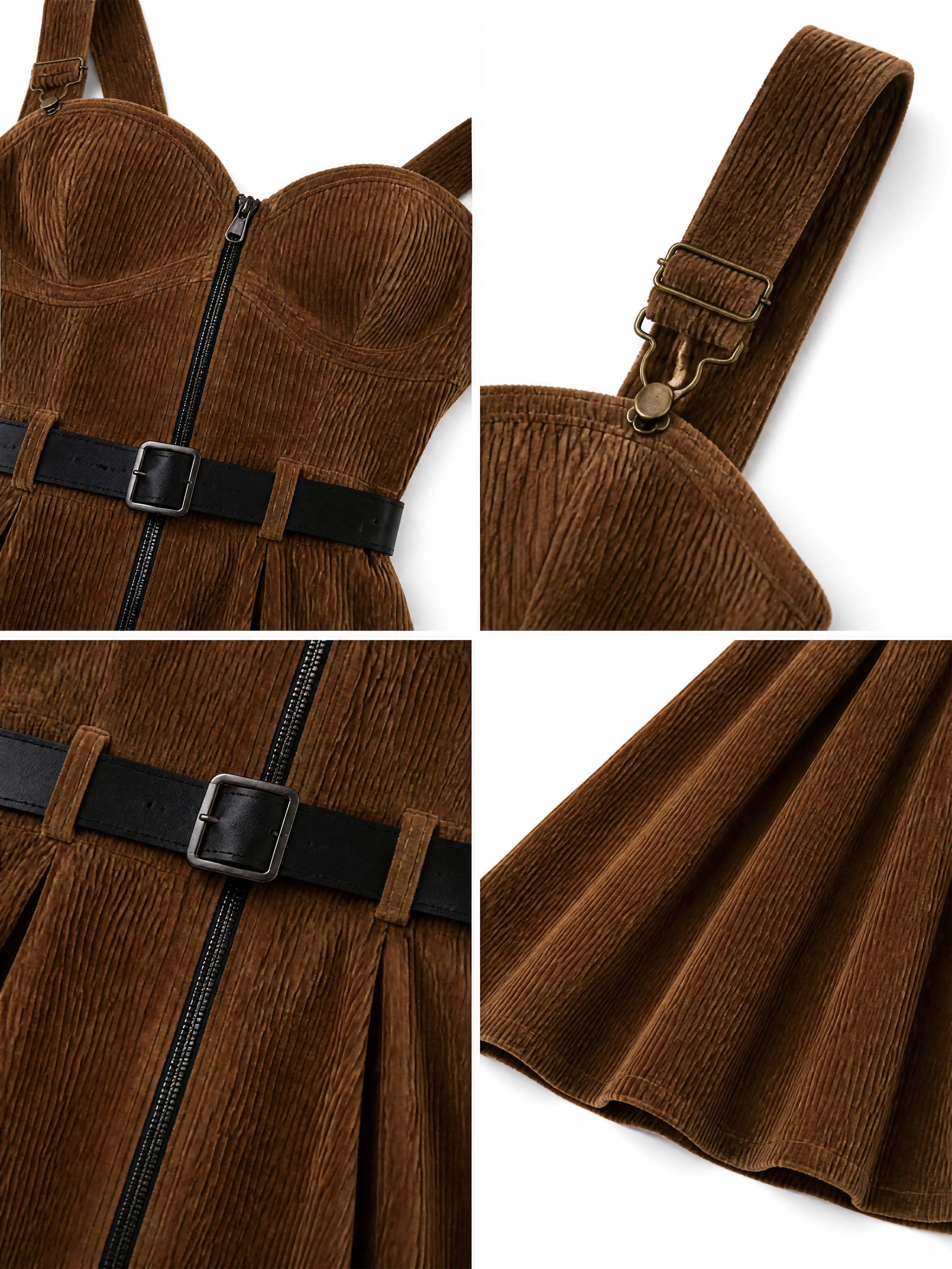 Vintage Waist Cinched Corduroy Suspender Midi Dress