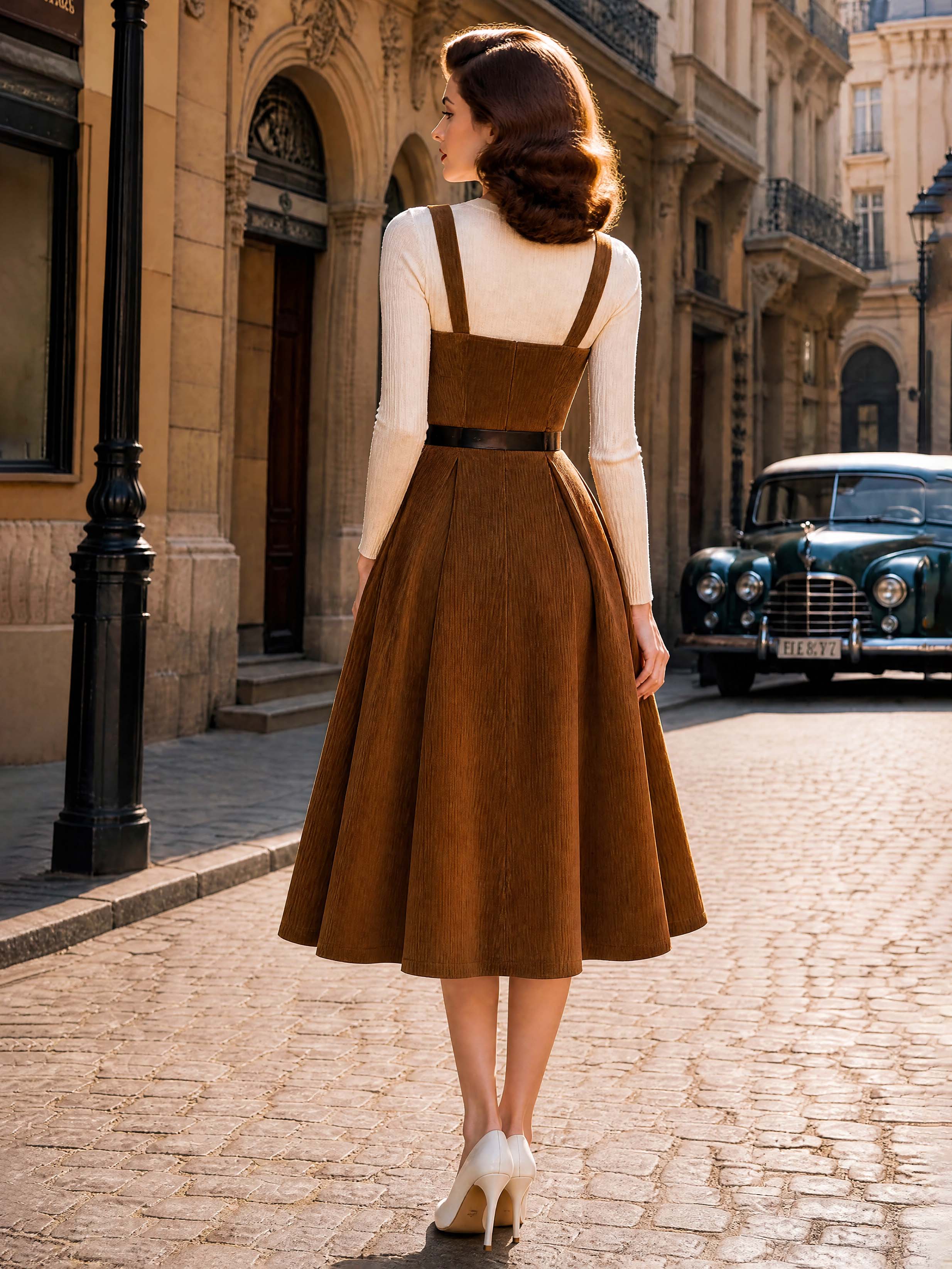 Vintage Waist Cinched Corduroy Suspender Midi Dress