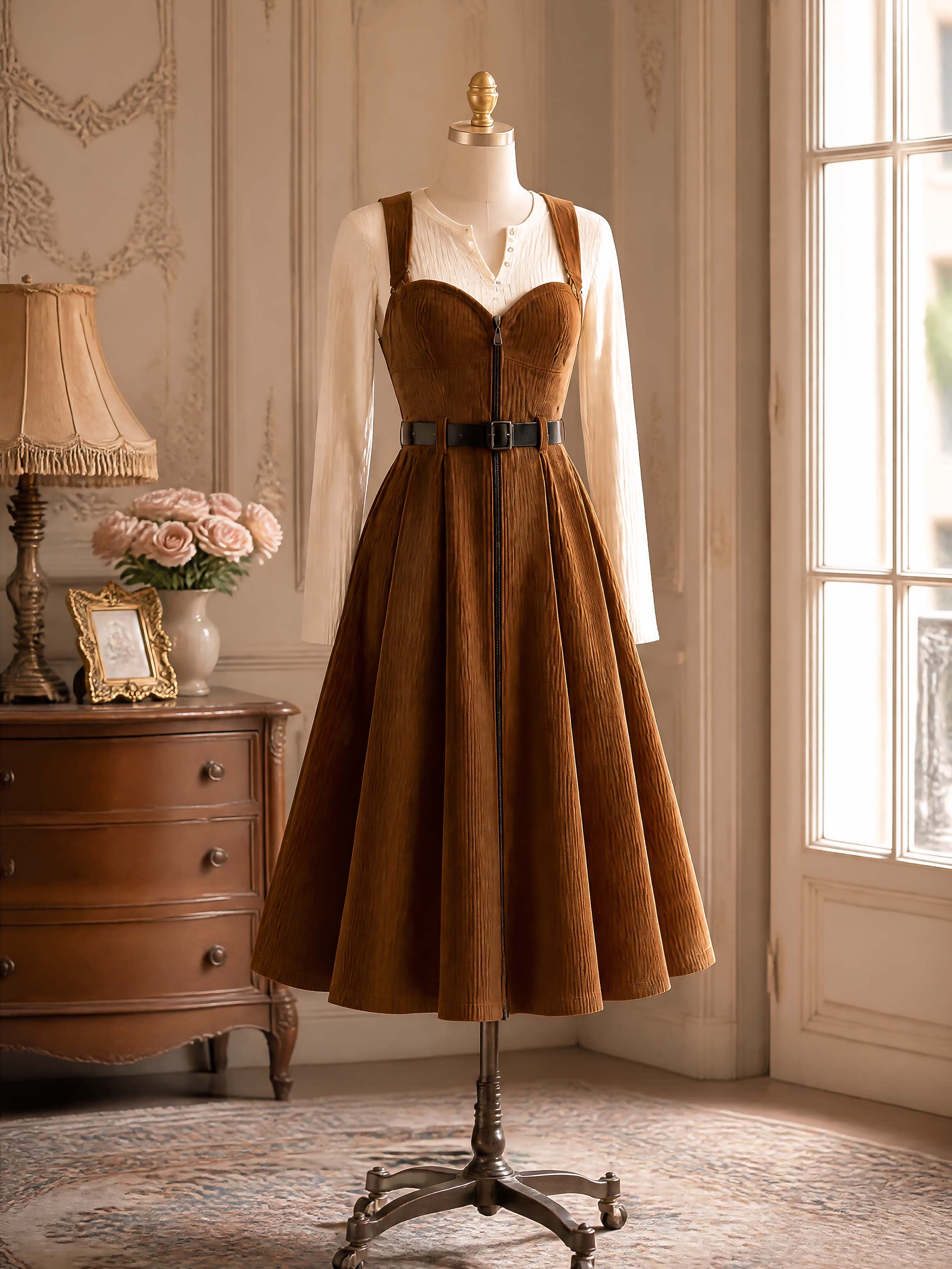 Vintage Waist Cinched Corduroy Suspender Midi Dress