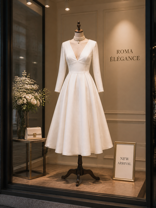 Classic White Deep V-Neck Fit-and-Flare Tea-Length Midi Dress