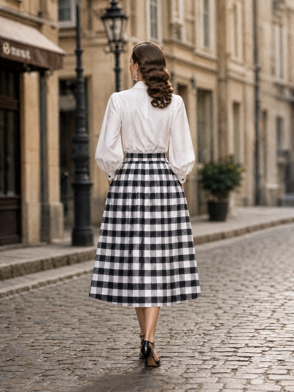 French Vintage Black-White Gingham Pleated Midi Skirt