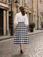 French Vintage Black-White Gingham Pleated Midi Skirt