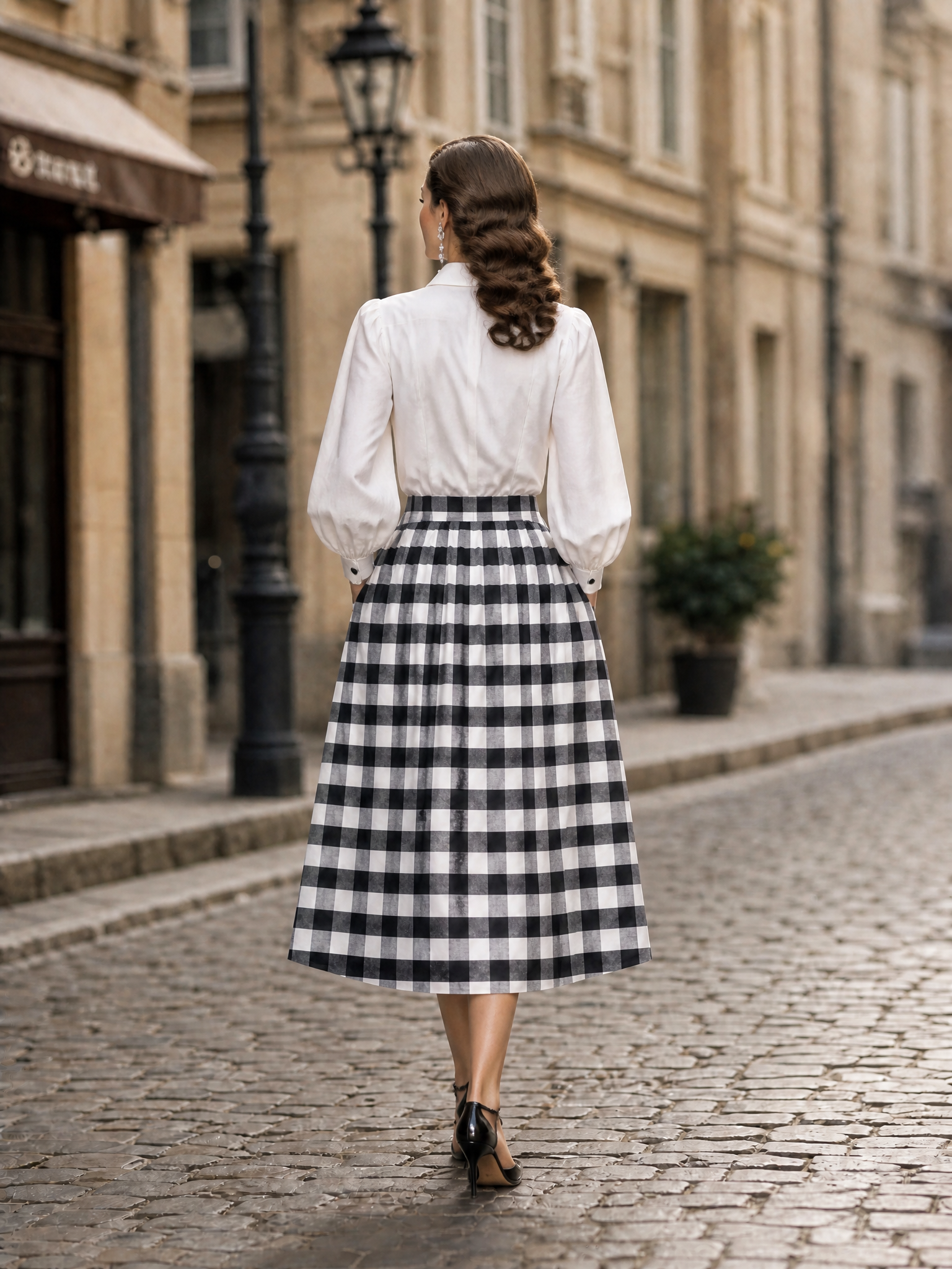 French Vintage Black-White Gingham Pleated Midi Skirt