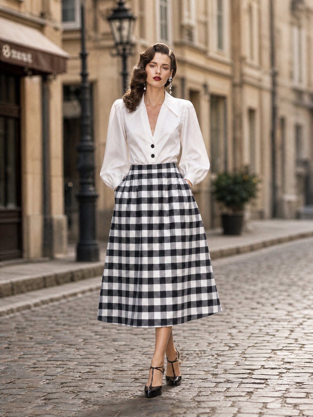 French Vintage Black-White Gingham Pleated Midi Skirt