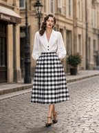 French Vintage Black-White Gingham Pleated Midi Skirt