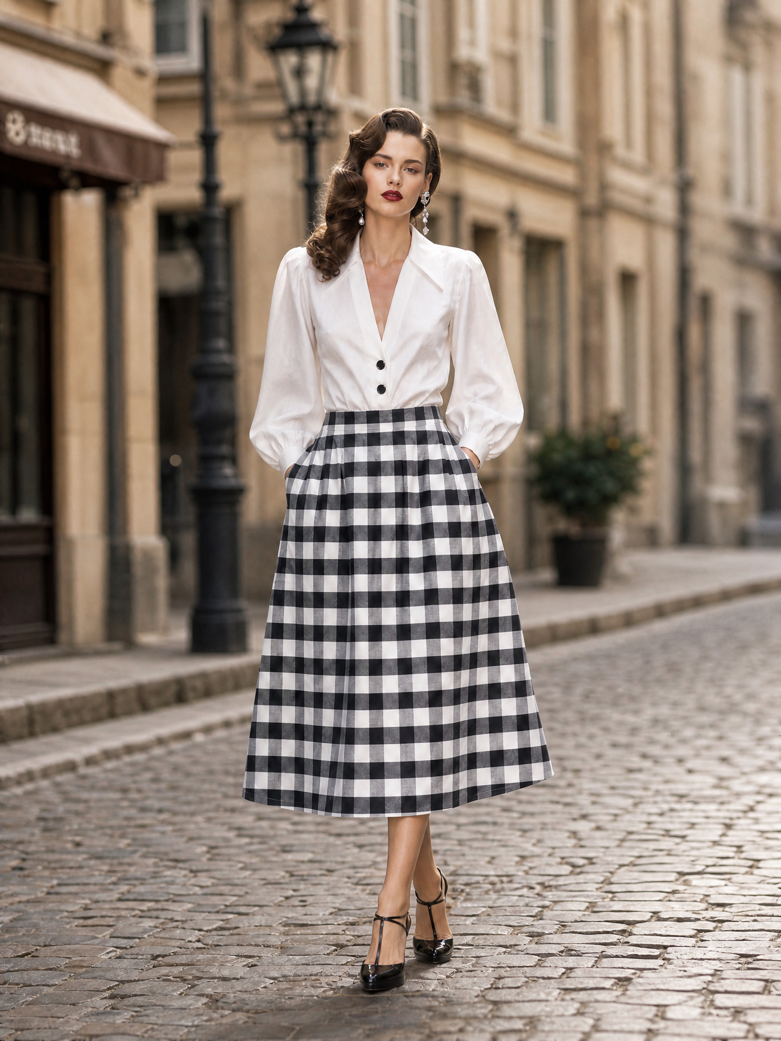 French Vintage Black-White Gingham Pleated Midi Skirt