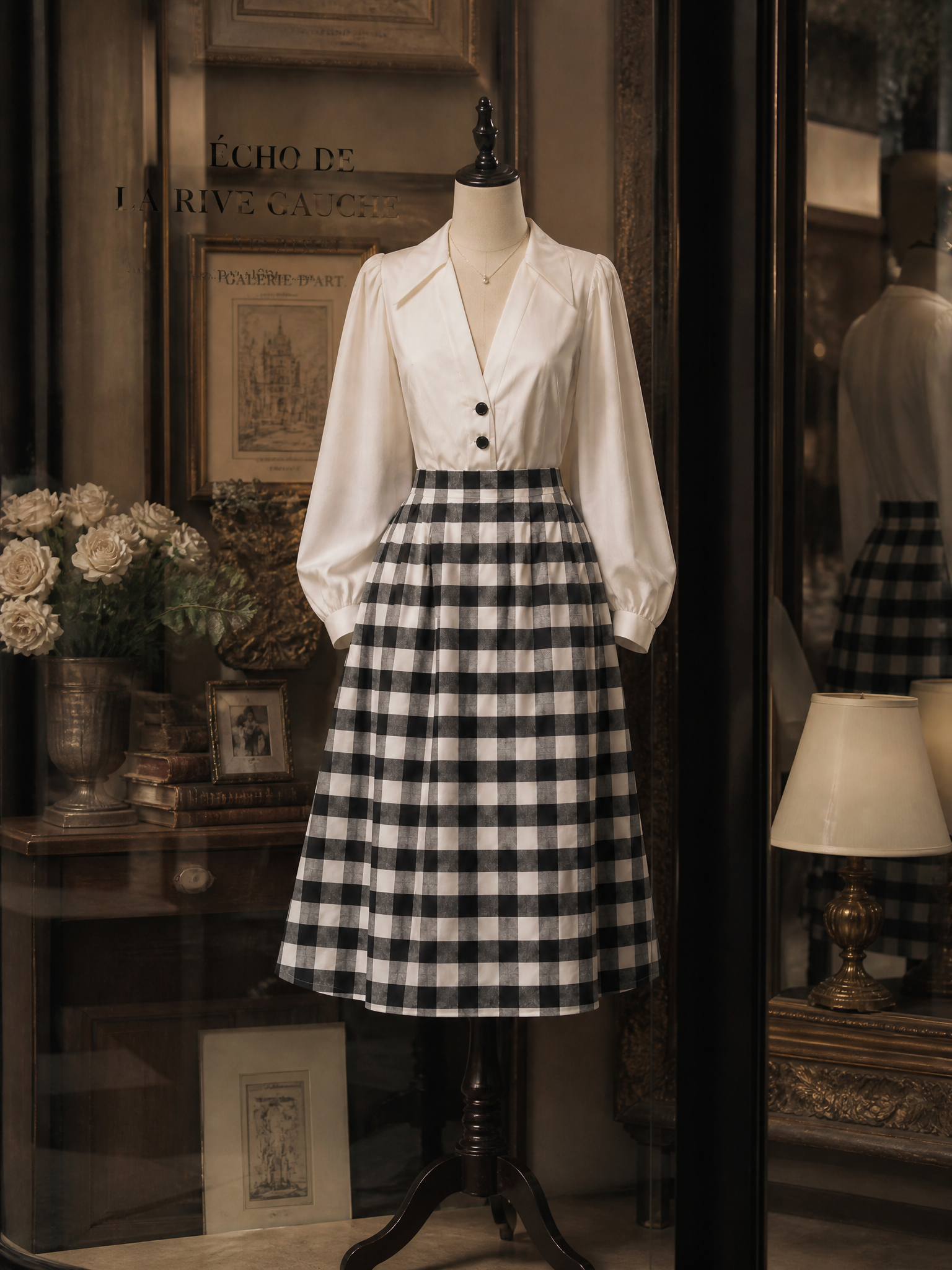 French Vintage Black-White Gingham Pleated Midi Skirt