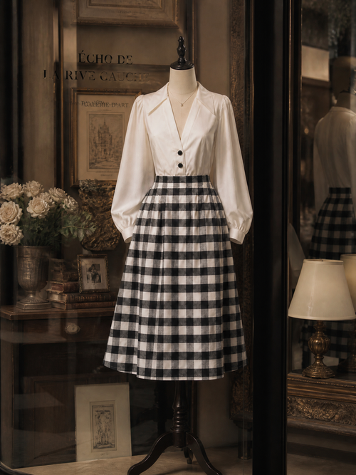 French Vintage Black-White Gingham Pleated Midi Skirt