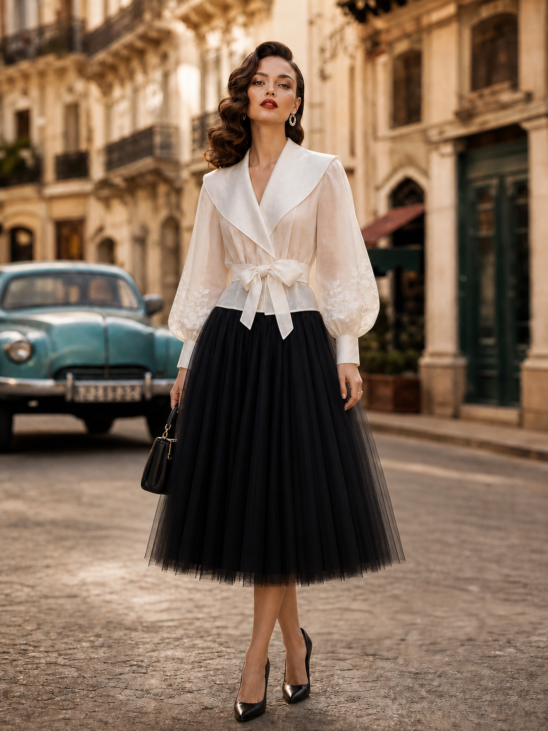 Vintage Ivory Shawl-Collar Bishop-Sleeve Embroidery Blouse