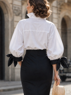 Retro Chic White Shawl-Collar Puff-Sleeve Surplice Blouse