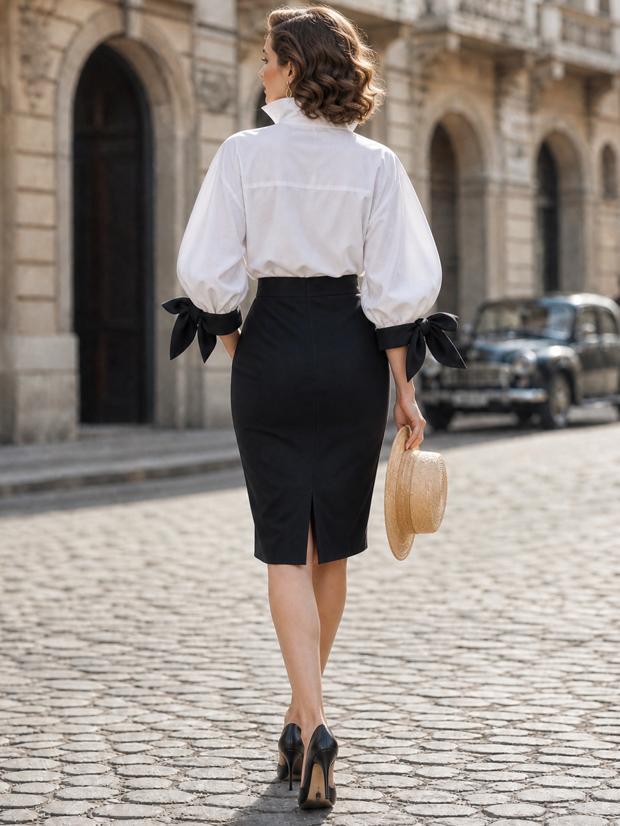 Retro Chic White Shawl-Collar Puff-Sleeve Surplice Blouse