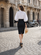 Chic Black Bow-Front Bodycon Pencil Midi Skirt