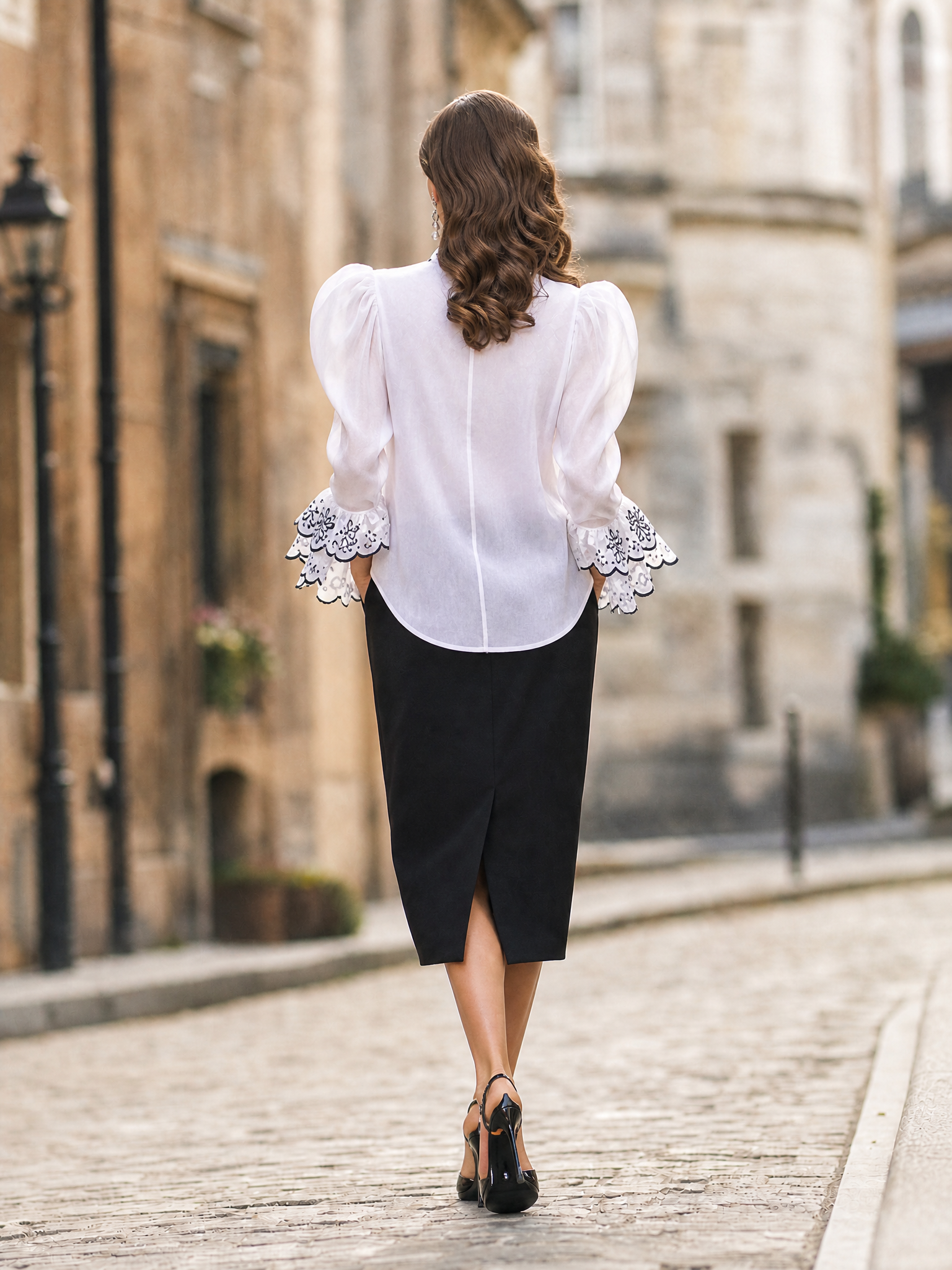 Elegant White Floral-Embroidery Tie-Neck Ruffle Blouse