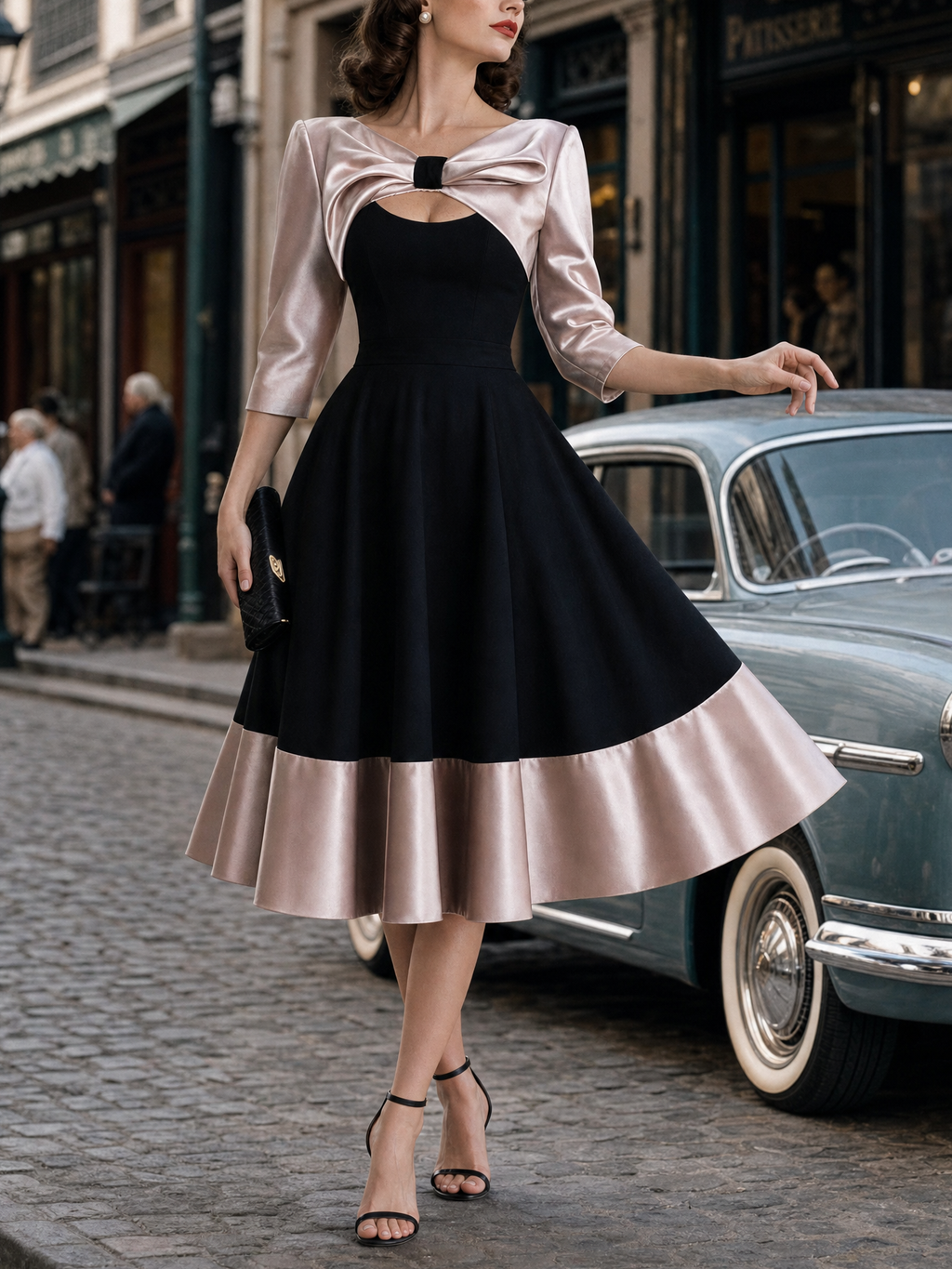 Vintage Satin Bow Spliced Midi Dress