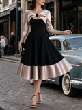 Vintage Satin Bow Spliced Midi Dress