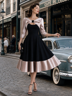 Vintage Satin Bow Spliced Midi Dress