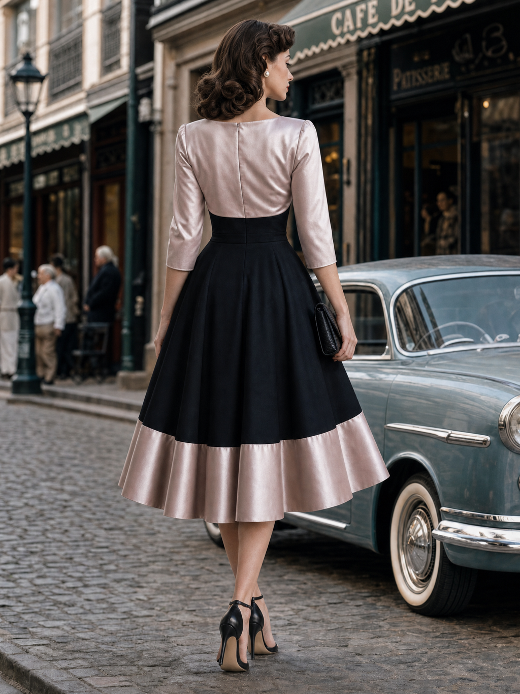 Vintage Satin Bow Spliced Midi Dress