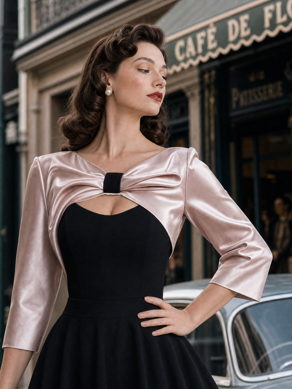 Vintage Satin Bow Spliced Midi Dress