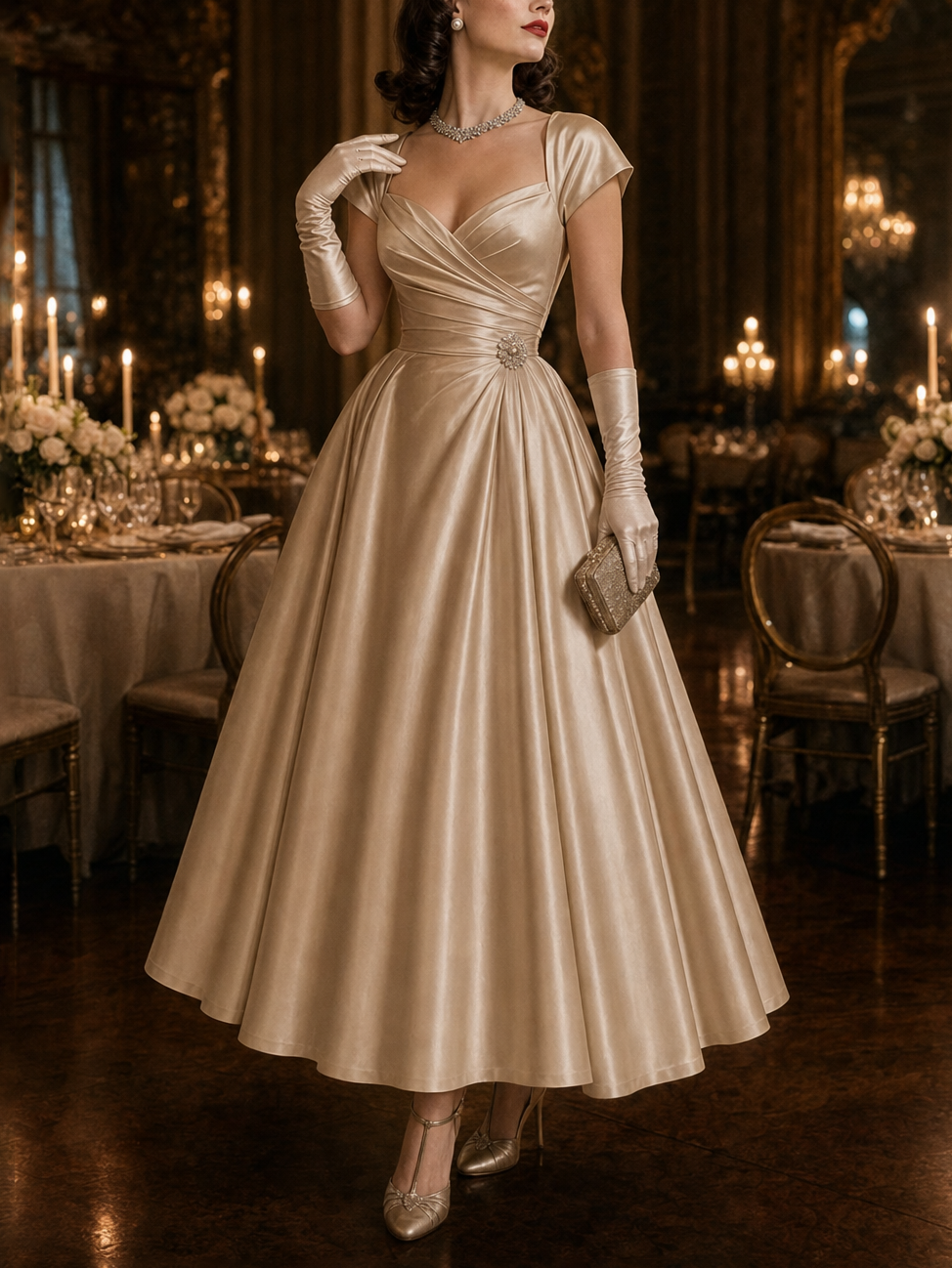 Vintage Cinched Waist Pleated Low Neckline Evening Maxi Dress