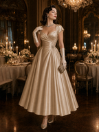 Vintage Cinched Waist Pleated Low Neckline Evening Maxi Dress