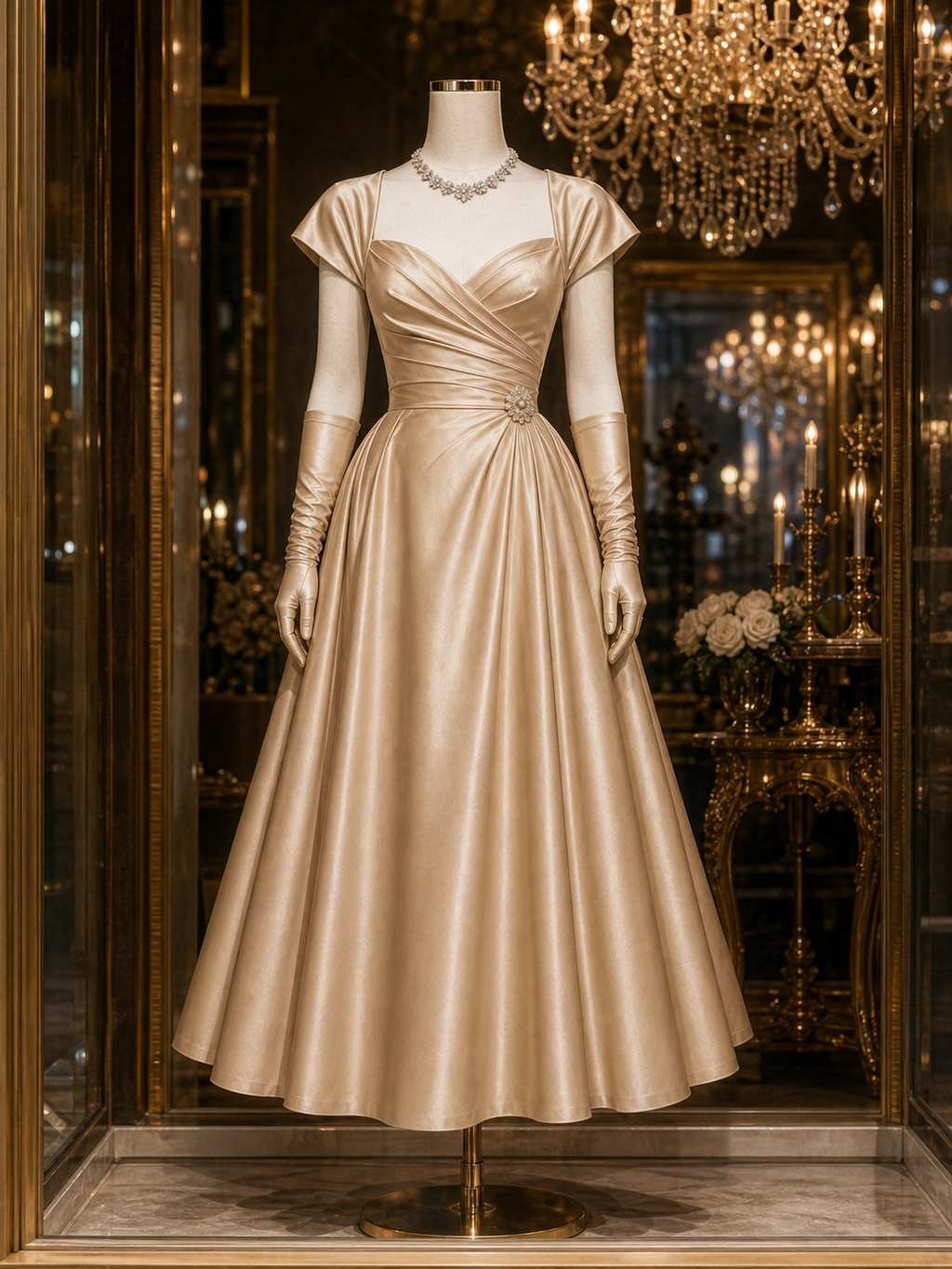 Vintage Cinched Waist Pleated Low Neckline Evening Maxi Dress