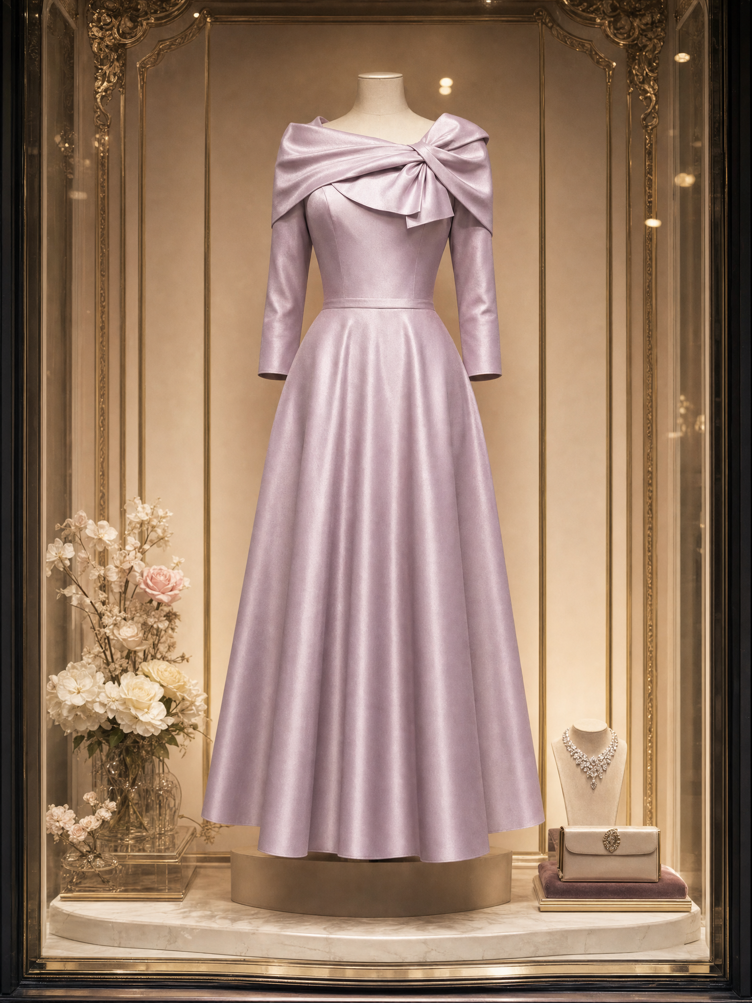 Vintage Bow Collar Gown Maxi Dress